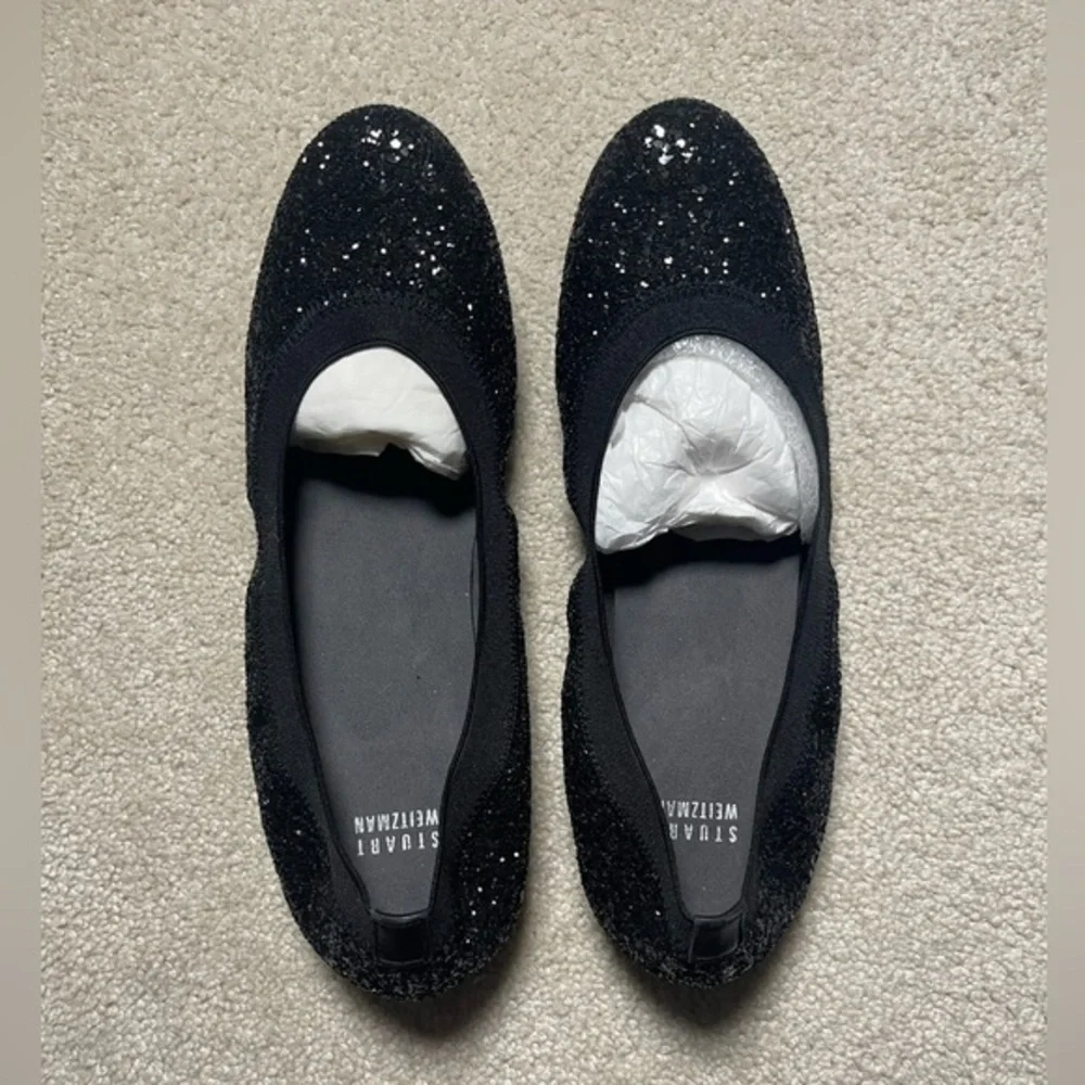 New Stuart Weitzman Black Glitter Ballet Lastikon Flats,‎ Shoe Size: 9 - Picture 4 of 6